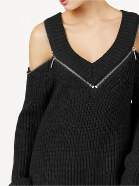 Michael Kora Cold-Shoulder V-Neck Black Sweater with Zipper Detail, XS